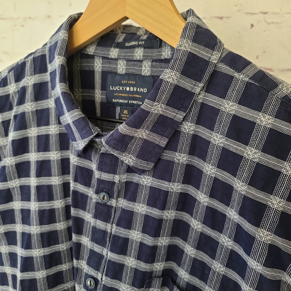 Lucky Brand Classic Fit Saturday Stretch Navy Plaid Woven Cotton Shirt XL
